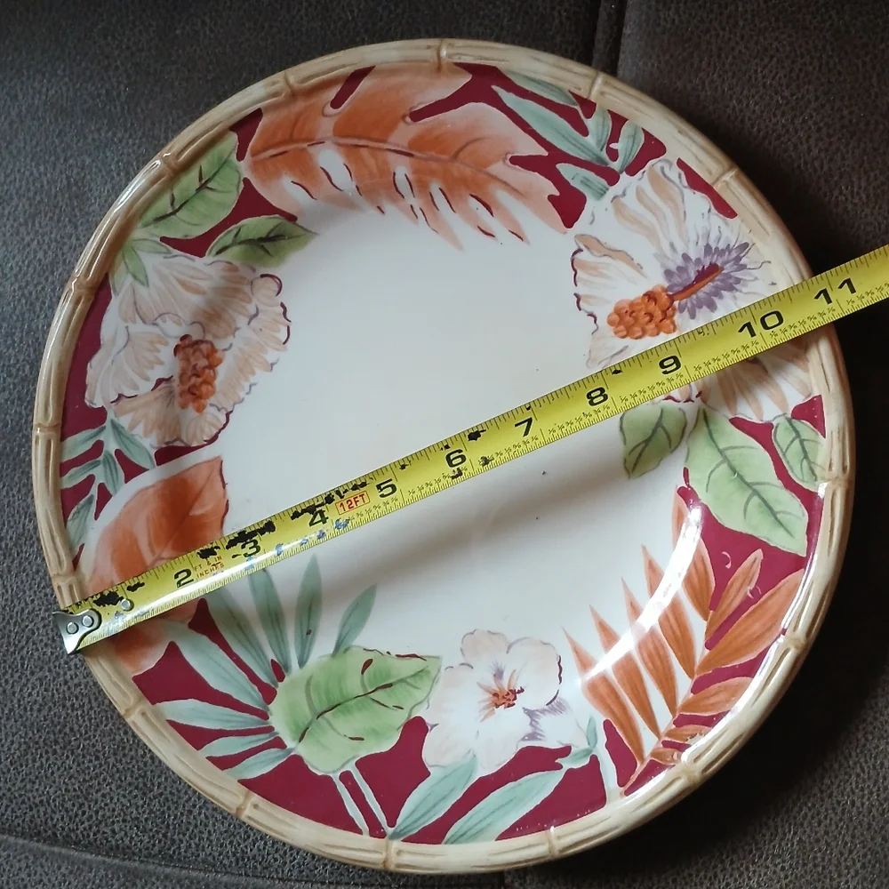 Home Trends Floral Dinner Plate with Bamboo Rim Burgundy, Cream And Green